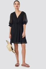Stylish Black A-line Short Dress - Solid Georgette with Short Sleeves