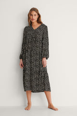 Stylish Black Floral Print Poly Rayon Peasant V Neck Dress for Women