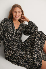 Stylish Black Floral Print Poly Rayon Peasant V Neck Dress for Women