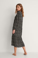Stylish Black Floral Print Poly Rayon Peasant V Neck Dress for Women