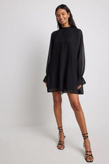 Elegant Black Georgette High Neck Frill Dress with Balloon Sleeves
