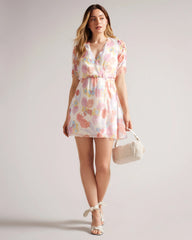Stylish Multi A-line Georgette Dress with Printed Short Sleeves & V Neck