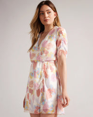 Stylish Multi A-line Georgette Dress with Printed Short Sleeves & V Neck