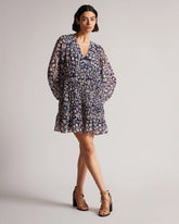 Stylish Blue Boho V Neck Dress - Long Sleeves, Georgette, Printed Design