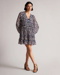 Stylish Blue Boho V Neck Dress - Long Sleeves, Georgette, Printed Design