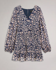 Stylish Blue Boho V Neck Dress - Long Sleeves, Georgette, Printed Design