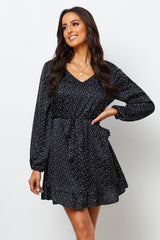 Elegant Black Poly Satin Swiss Dot V Neck Dress with Balloon Sleeves - Shop Now
