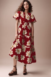 Red Floral Print A-line Mock Dress - Short Sleeves Poly Rayon Fashion Outfit