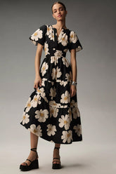 Black Floral Print A-line Mock Dress - Short Sleeves Poly Rayon Fashion Outfit