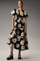 Black Floral Print A-line Mock Dress - Short Sleeves Poly Rayon Fashion Outfit