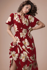 Red Floral Print A-line Mock Dress - Short Sleeves Poly Rayon Fashion Outfit