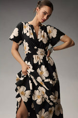 Black Floral Print A-line Mock Dress - Short Sleeves Poly Rayon Fashion Outfit