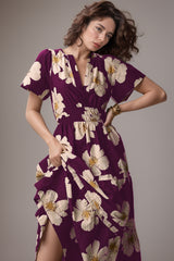 Wine Floral Print A-line Mock Dress - Short Sleeves Poly Rayon Fashion Outfit