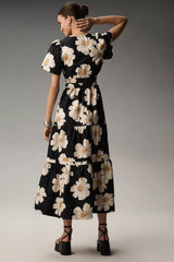 Black Floral Print A-line Mock Dress - Short Sleeves Poly Rayon Fashion Outfit