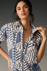 Stylish Grey A-line Collared Dress - Printed Poly Rayon for Any Occasion