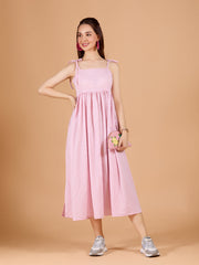 Elegant Baby Pink Poly Rayon Square Neck Dress With Checkered & Sleeveless