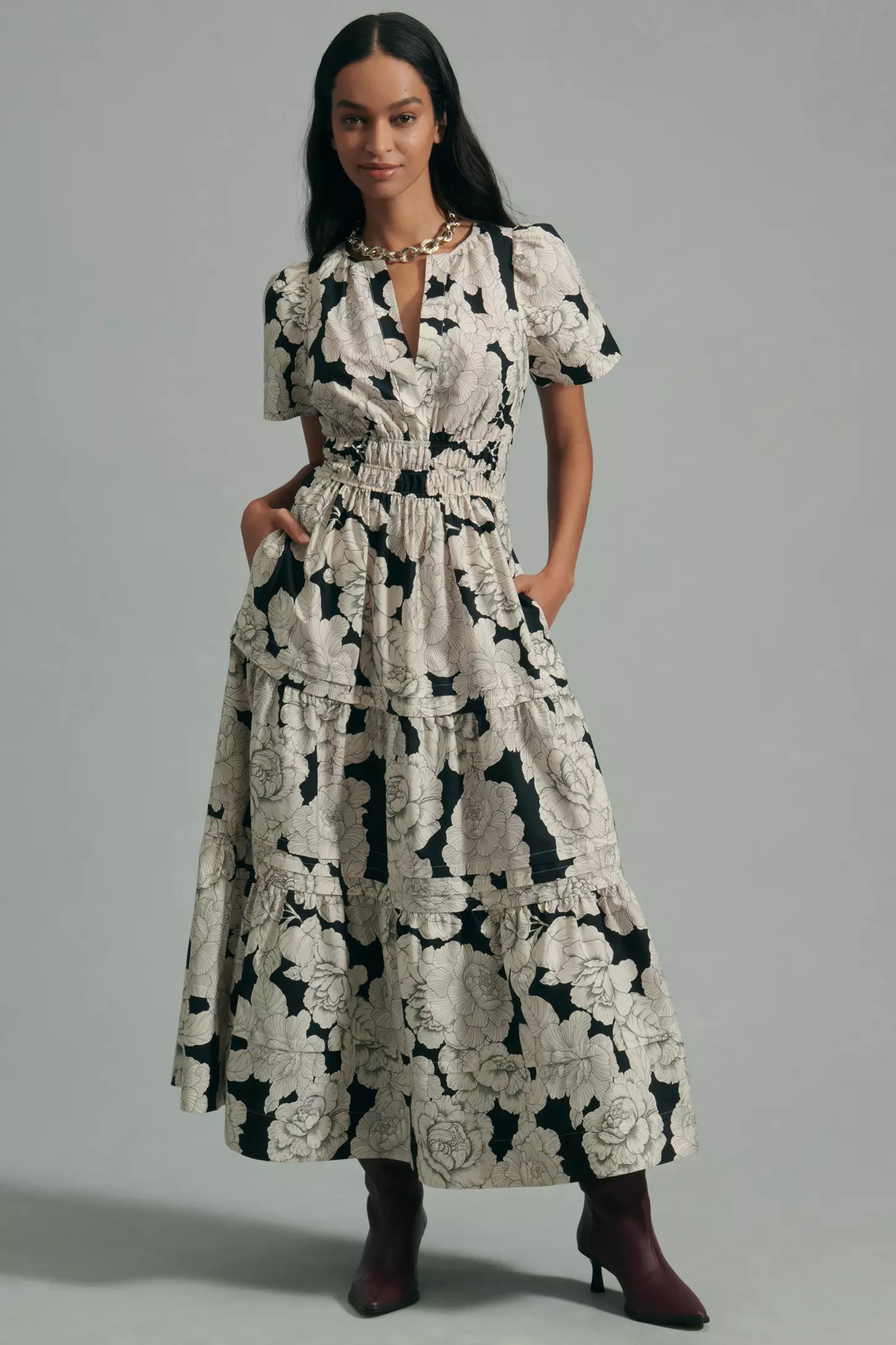 Chic Black White Poly Rayon Floral Print Dress