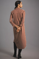 Elegant Wine Poly Rayon Collared Dress With Geometric & Cuff Sleeve