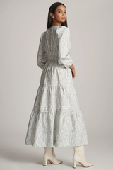 Elegant White Poly Rayon Round Neck Dress With Leaf Print & Puff Sleeves