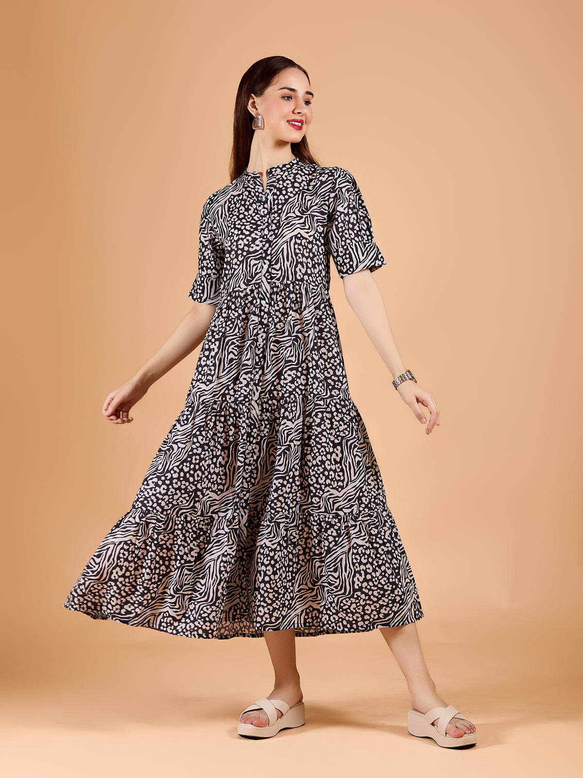 Chic Black Poly Rayon Asymmeric Print Dress