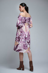 Purple Polyester Elbow Straight Sleeves Floral Print Dress