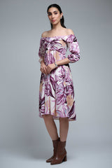 Purple Polyester Elbow Straight Sleeves Floral Print Dress