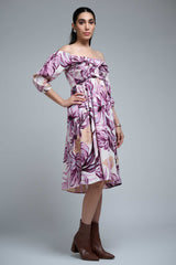 Purple Polyester Elbow Straight Sleeves Floral Print Dress