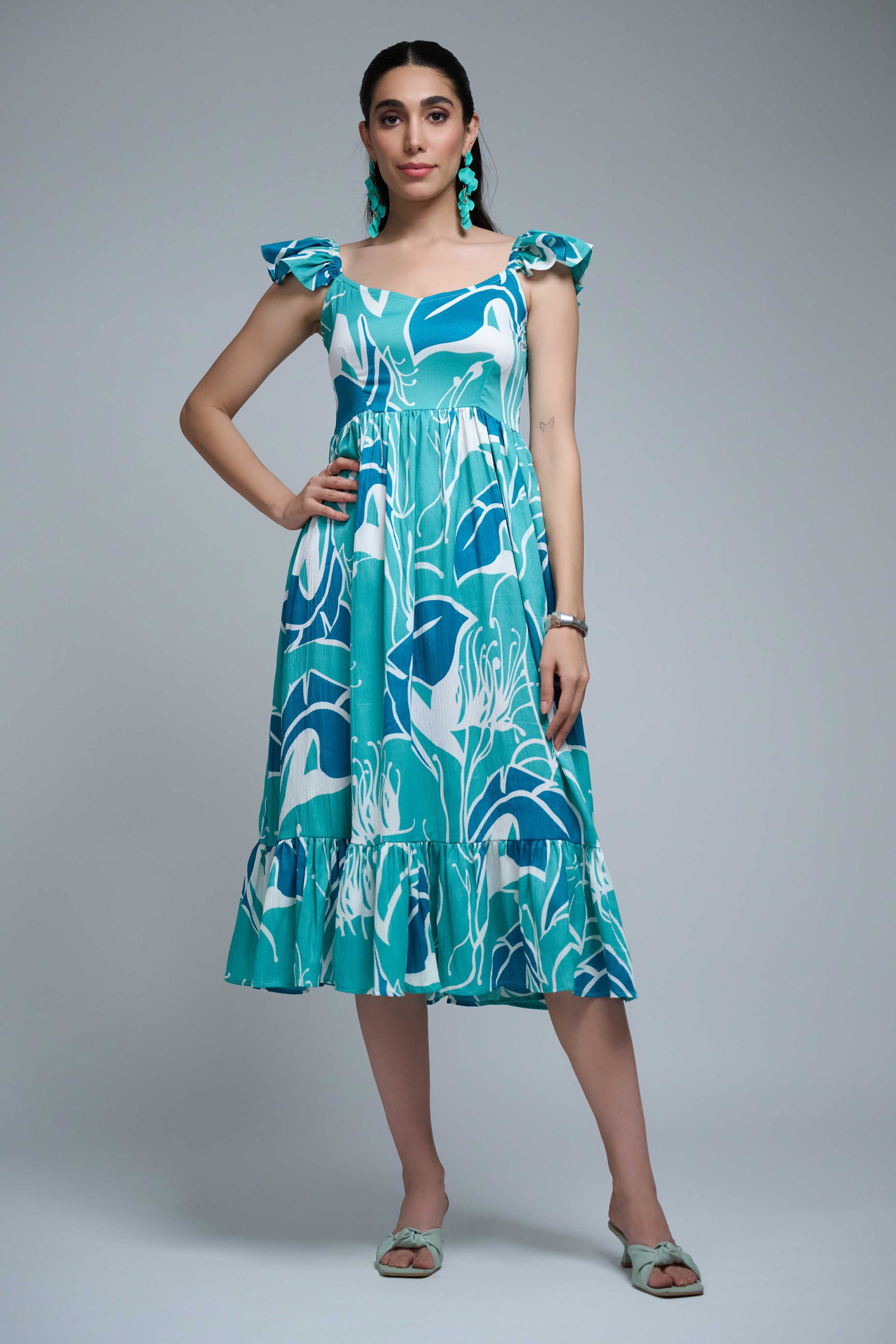 turquoise Polyester Ruffle Sleeve Leaf Print Dress