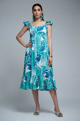 turquoise Polyester Ruffle Sleeve Leaf Print Dress