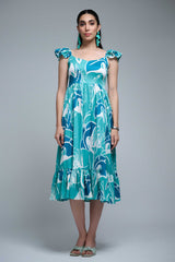 turquoise Polyester Ruffle Sleeve Leaf Print Dress