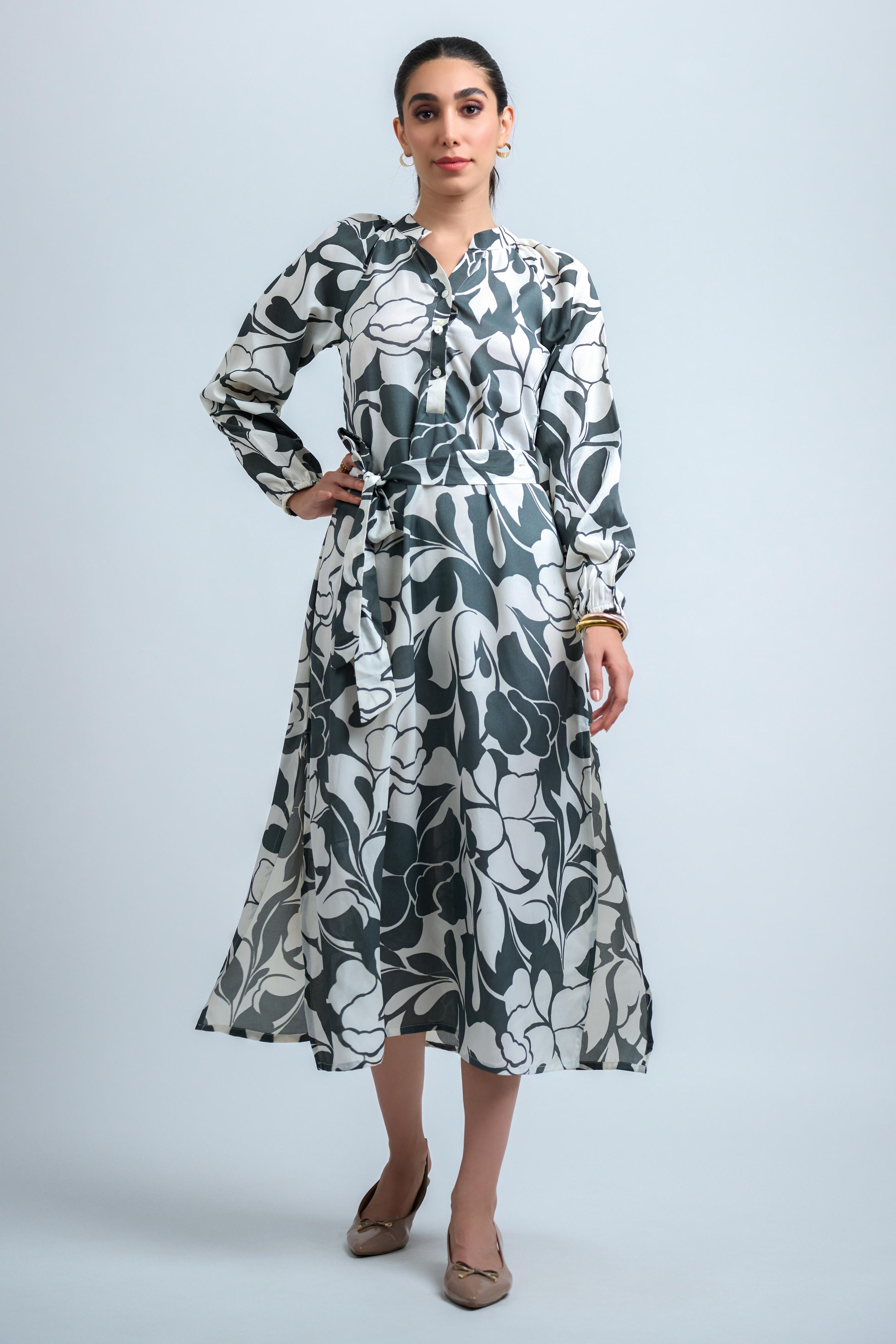Grey Poly Crepe Floral Print Elastic Gathered Dress