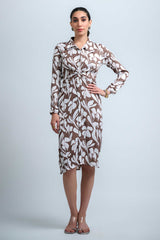 Brown-White Poly Crepe Point Collar Cuff Sleeve Floral Print Knee Length Dress