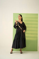 Black Poly Cotton Bishop Sleeves Dress
