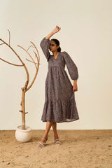 Brown Poly Crepe Balloon Sleeves Floral Print Dress