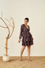 Black Poly Crepe Flared Sleeves Floral Print Dress