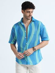 Blue-Green Men's Cotton Crochet Knitted Shirt - Regular Collar, Half Sleeves