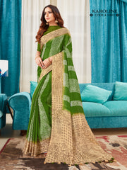 Elegant Green Linen Printed Saree : Perfect for Weddings & Formal Events