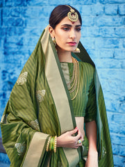 Chic Green Cotton Silk Woven Saree : Perfect for Weddings & Formal Events