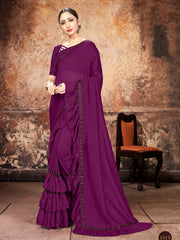 Beautiful Wine Georgette Ruffle- Frill Saree : Elegant, Affordable, Perfect for Special Occasions