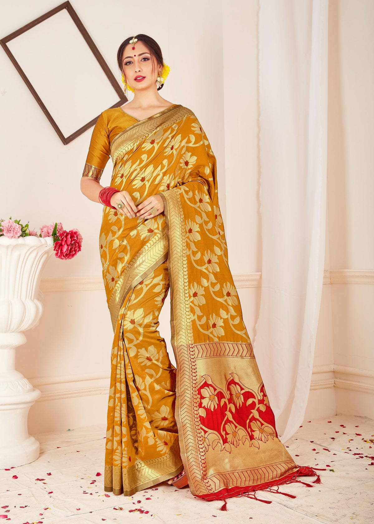 Chic Mustard Banarasi Art Silk Woven Saree : Perfect for Weddings & Formal Events