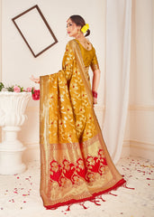 Chic Mustard Banarasi Art Silk Woven Saree : Perfect for Weddings & Formal Events