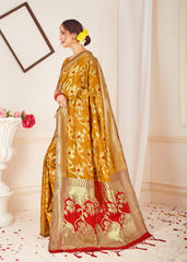 Chic Mustard Banarasi Art Silk Woven Saree : Perfect for Weddings & Formal Events