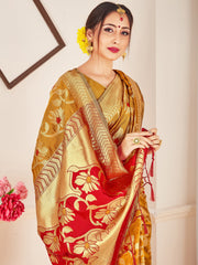 Chic Mustard Banarasi Art Silk Woven Saree : Perfect for Weddings & Formal Events