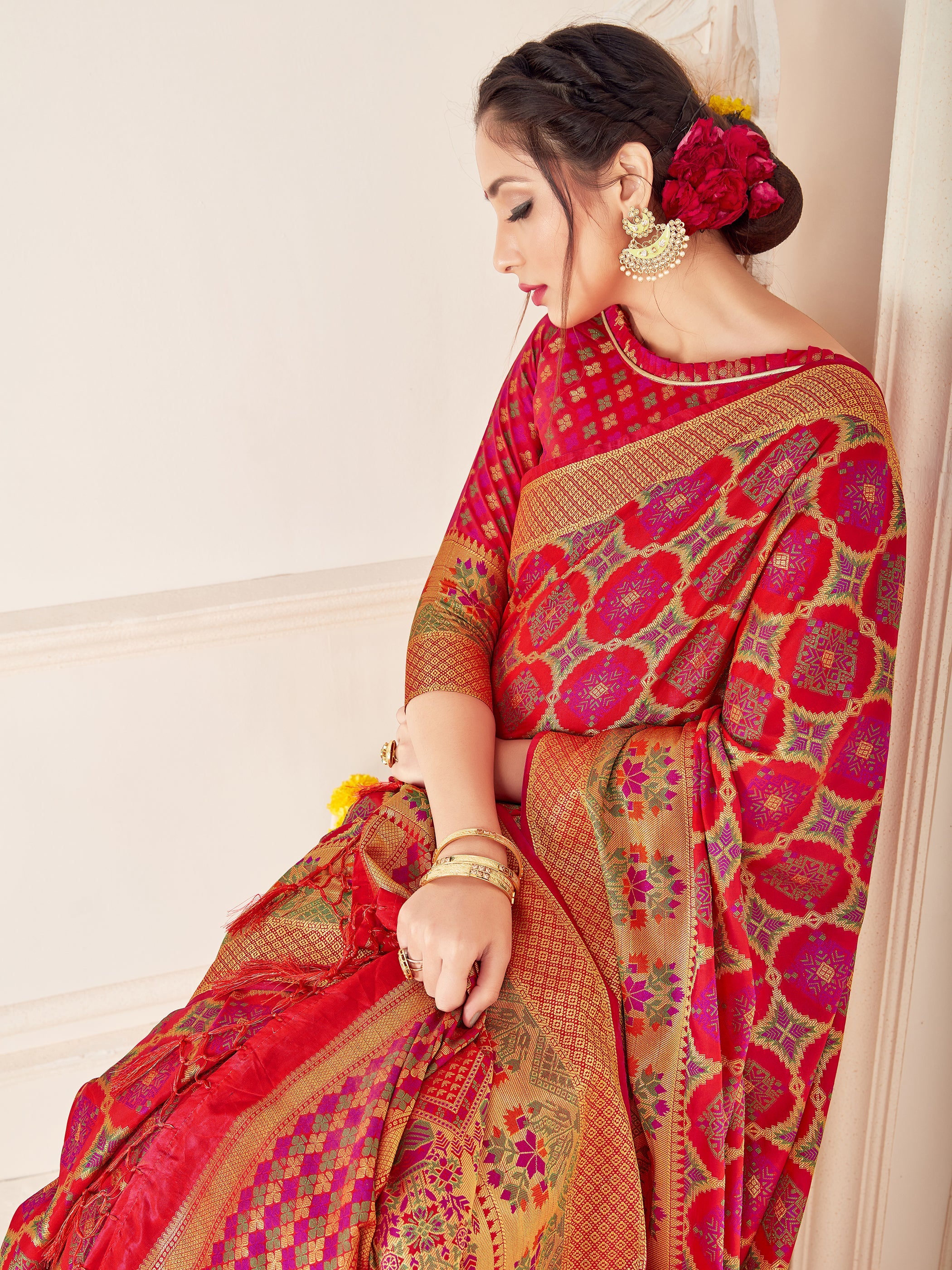 Stunning Red Banarasi Art Silk Woven Saree : Perfect for Weddings & Formal Events