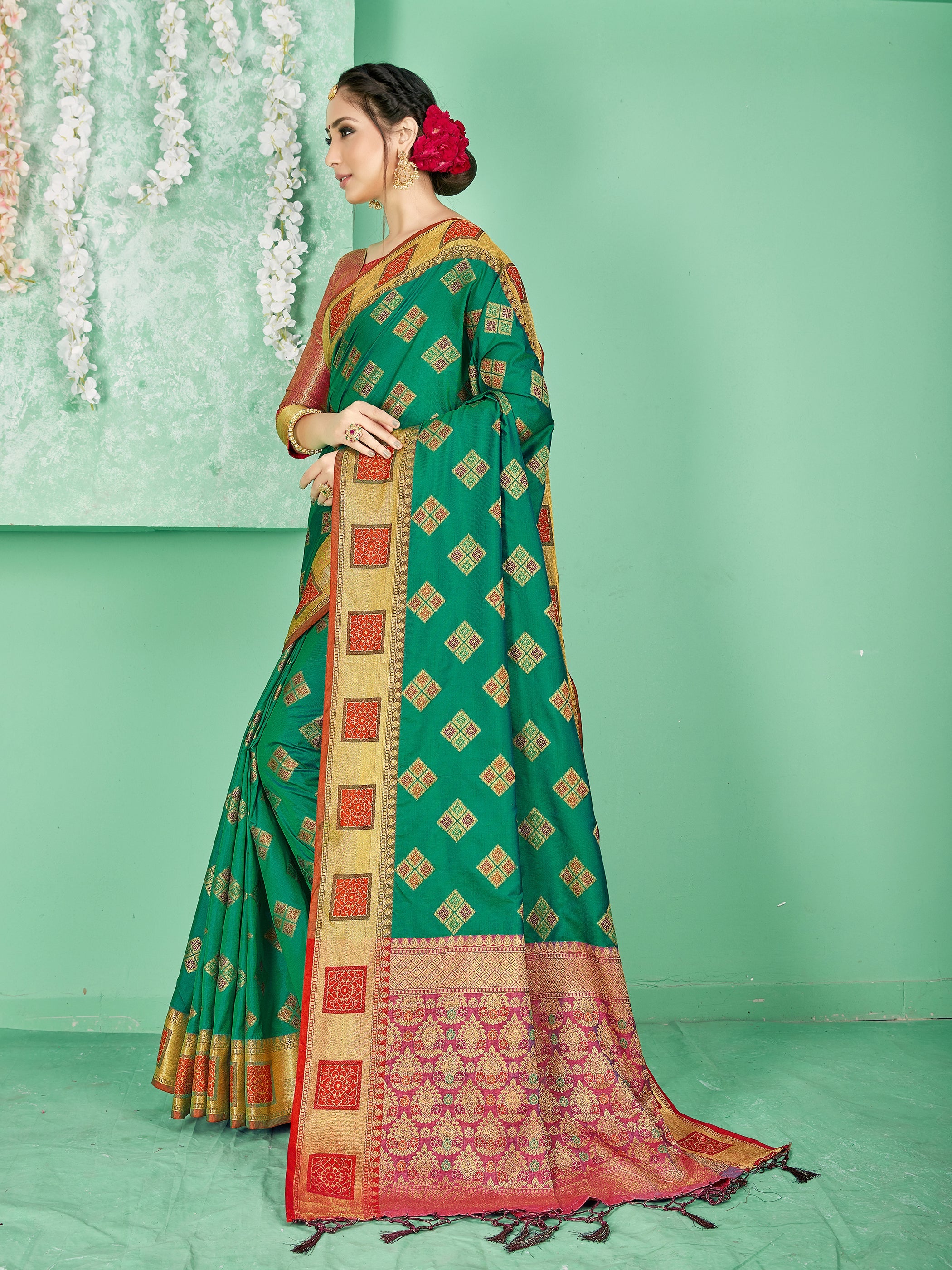 Beautiful Teal Banarasi Art Silk Woven Saree : Perfect for Weddings & Formal Events