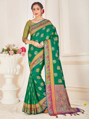 Stunning Green Banarasi Art Silk Woven Saree : Perfect for Weddings & Formal Events