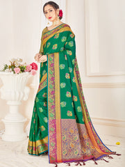 Stunning Green Banarasi Art Silk Woven Saree : Perfect for Weddings & Formal Events