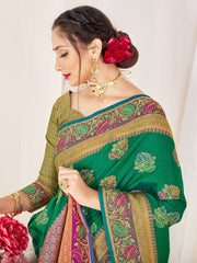 Stunning Green Banarasi Art Silk Woven Saree : Perfect for Weddings & Formal Events