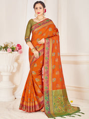 Elegant Orange Banarasi Art Silk Woven Saree : Perfect for Weddings & Formal Events