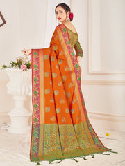 Elegant Orange Banarasi Art Silk Woven Saree : Perfect for Weddings & Formal Events